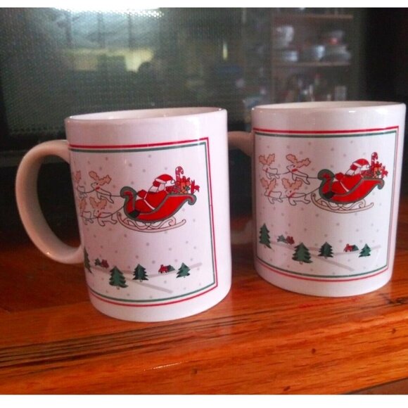 Set of 2 Christmas Mugs Santa Sleigh Reindeer Ceramic excellent condition - Picture 2 of 6